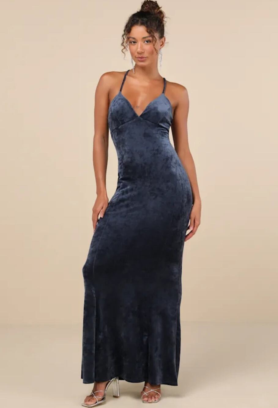 Lulus Immensely Luxe Navy Blue Velour Mermaid Maxi Dress Backless Formal NWT M